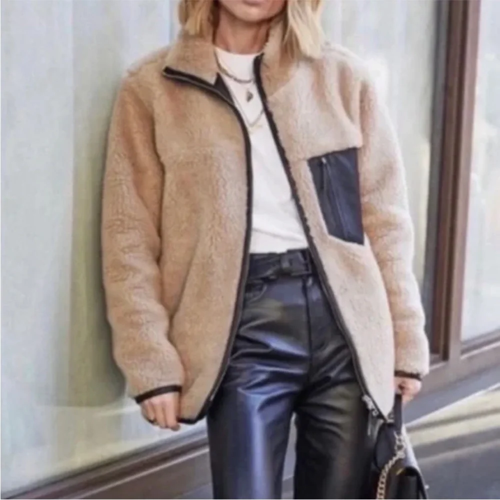 Anine Bing Ryder Jacket Sherpa Women's Med Tan Black Full Zip Pockets‎